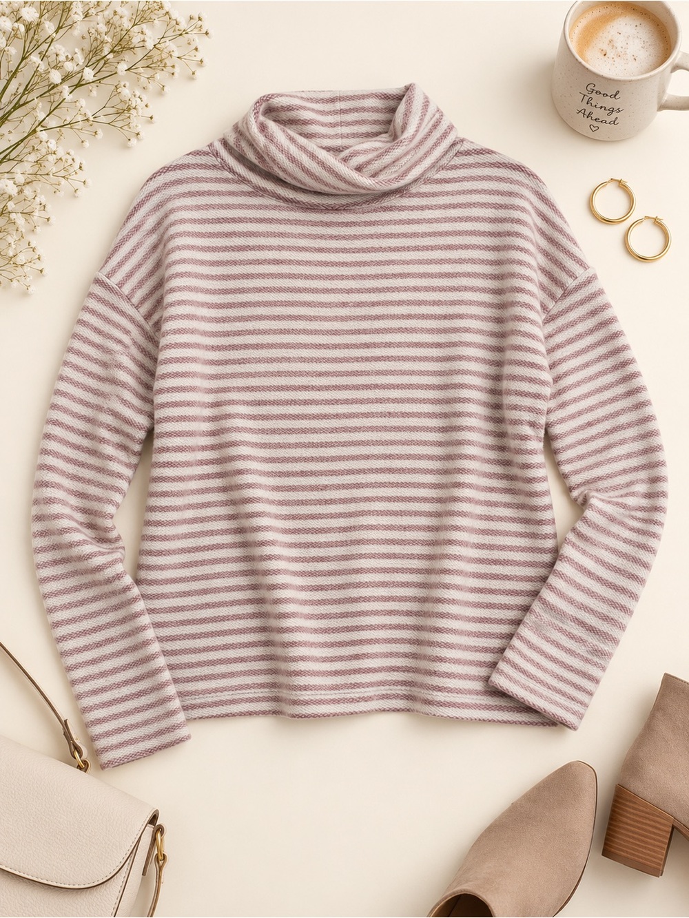 A New Day Striped Cowl Neck Sweater Top Size M Mauve Cream